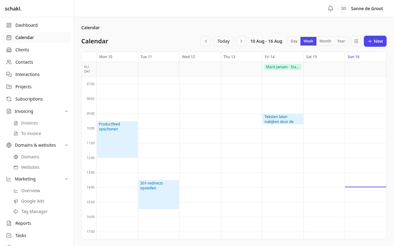 The agenda in week view: planned task blocks alongside the all-day band that carries leave and holidays.