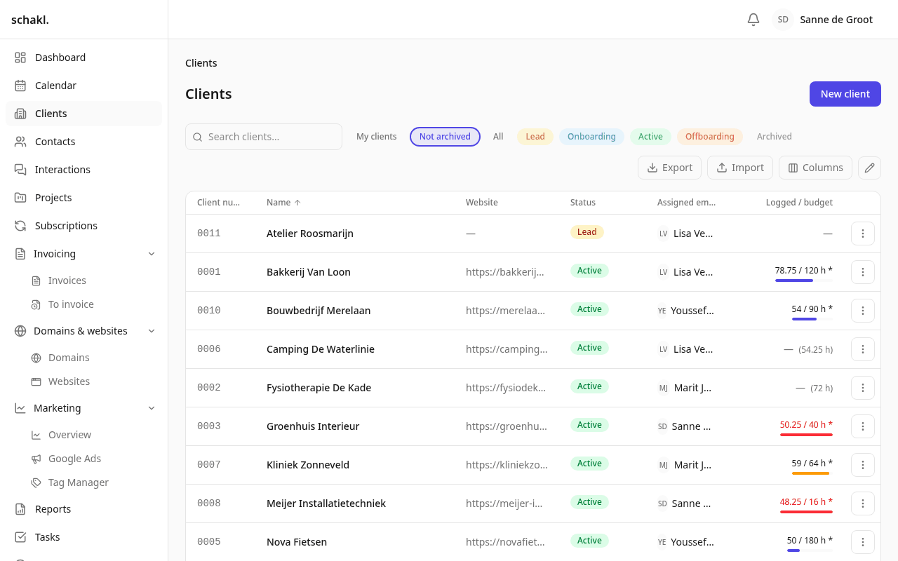 The client list opens on the working book of business: every status but archived, with the filters as pills above it.