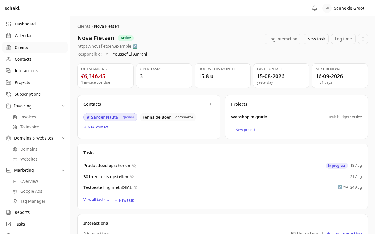 The client page is the hub: its vital signs sit under the header, and below them the panels every switched-on module contributes itself.