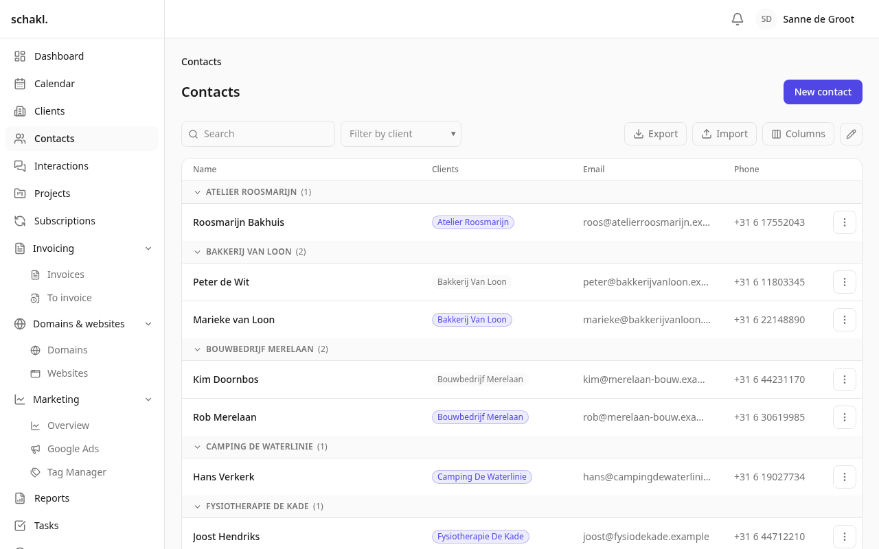 Contacts across every client, each showing the client they are attached to.