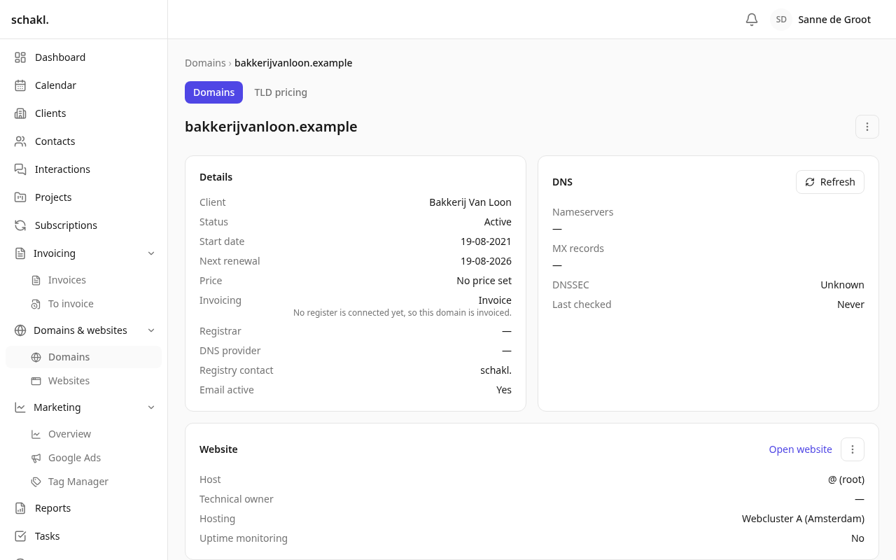 A domain page with what the register reports, what the zone answers, and the panels of the integrations attached to it.