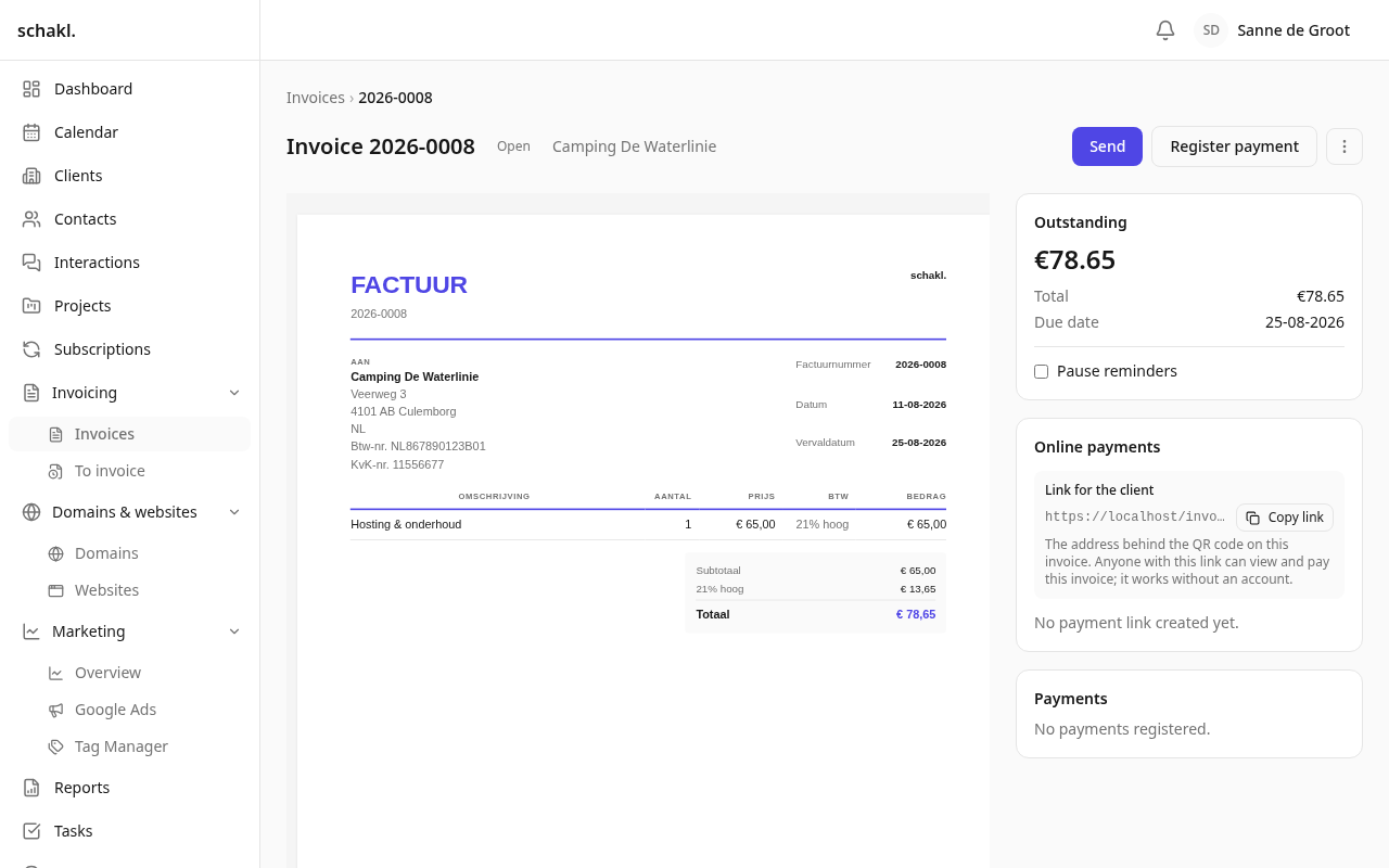 An issued invoice: the amount is fixed, the payments sit below it, and you correct with a credit note.
