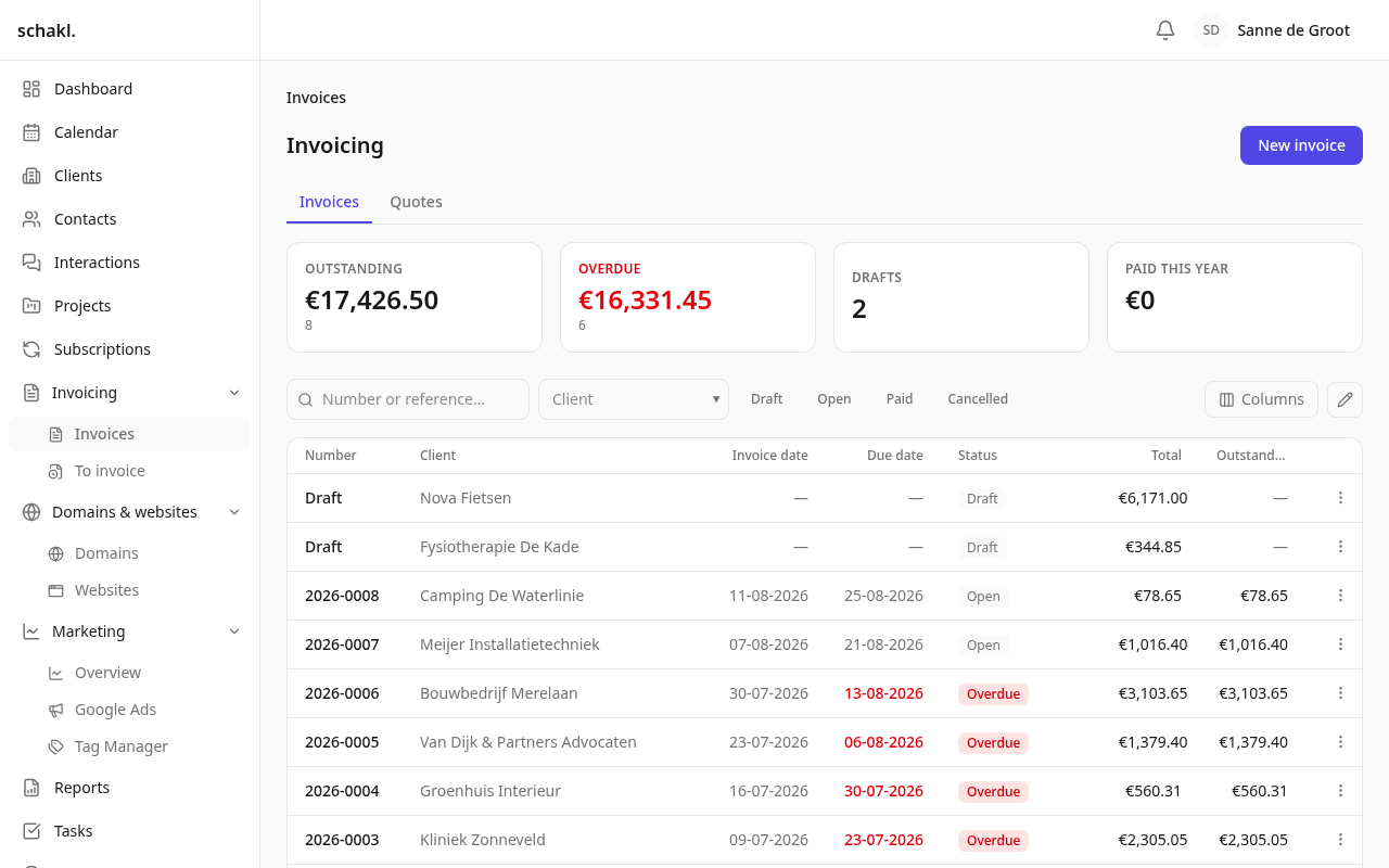 The invoice list with the tiles that filter it: outstanding, overdue, drafts and paid this year.