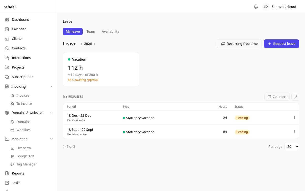 Leave: your own balance, your requests, and the team roster.