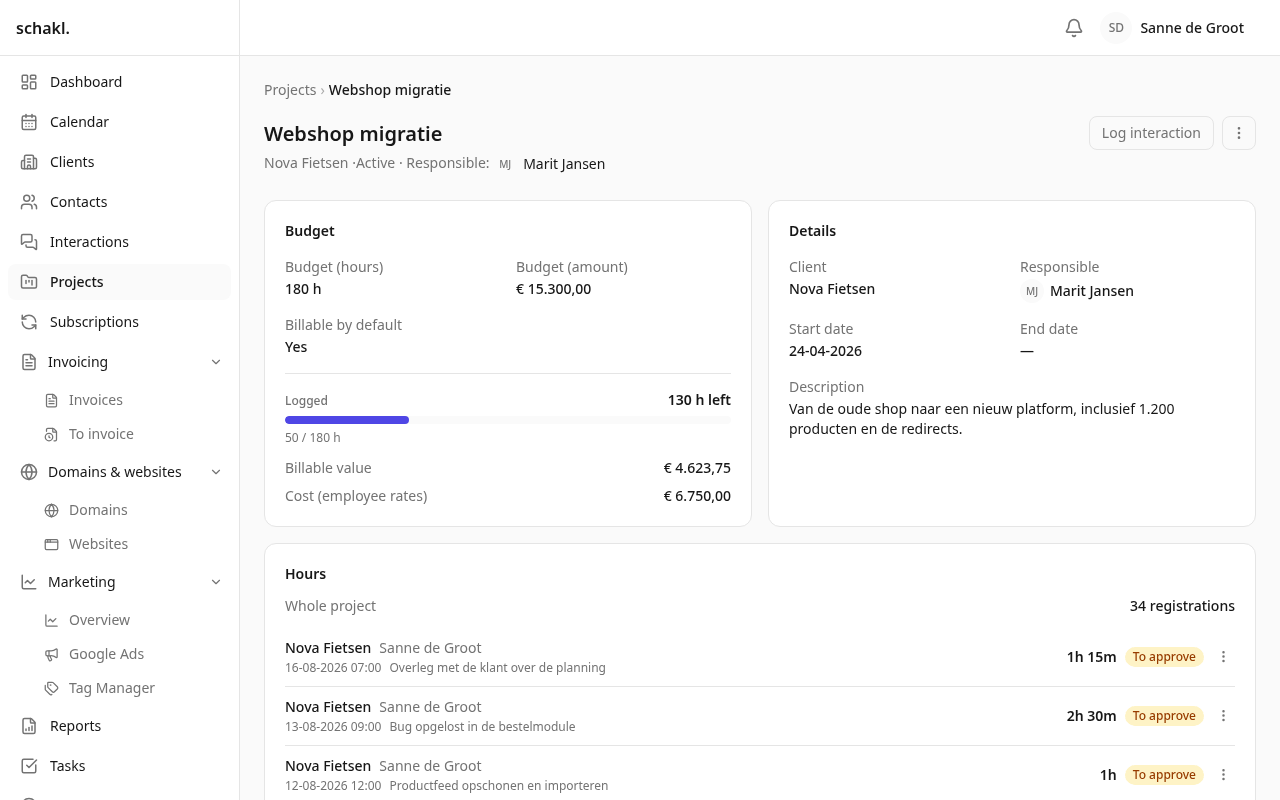The project page carries the budget beside the hours, tasks and invoices hanging off it.