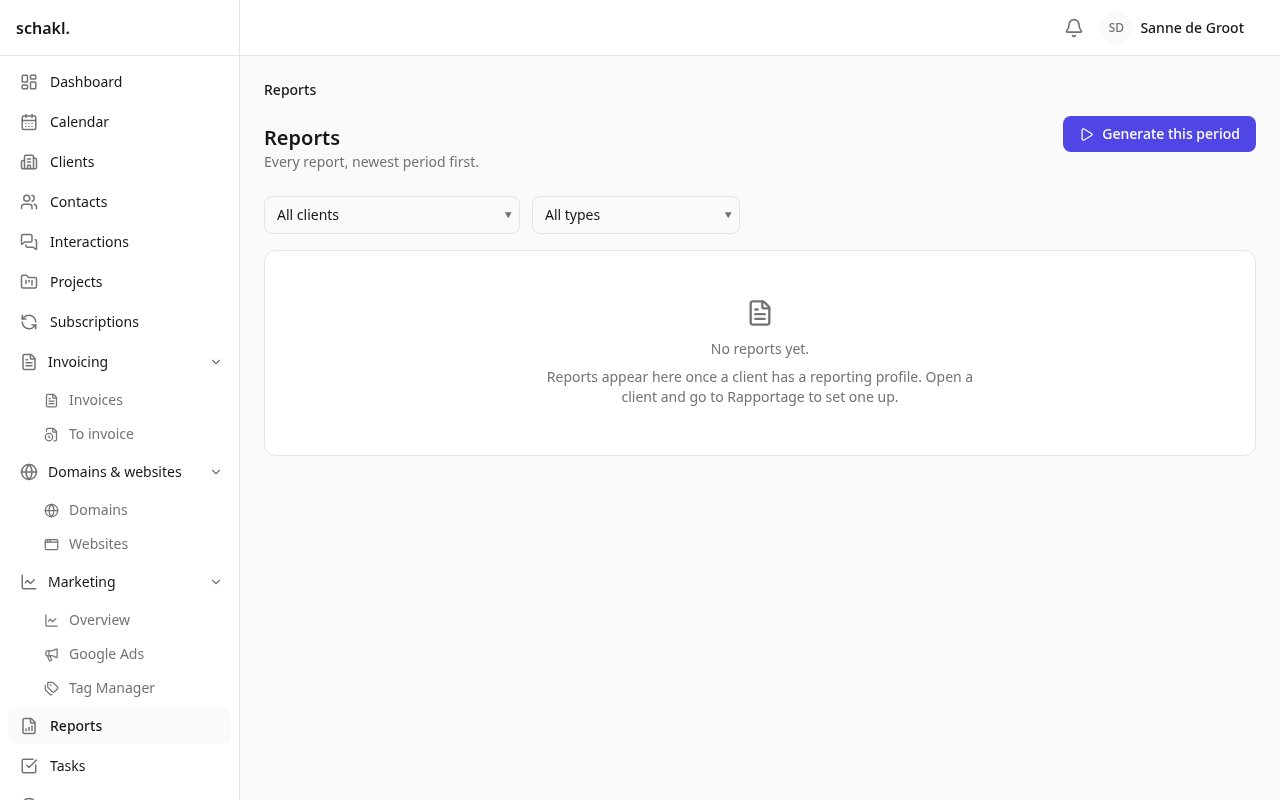 Reports with their state: drafted, reviewed, published, sent.
