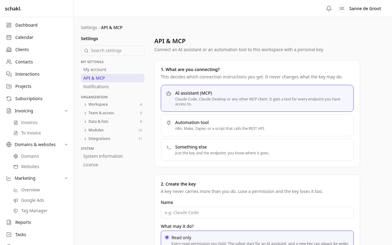 Settings → API and MCP: where you mint a personal key and tick what it may do.