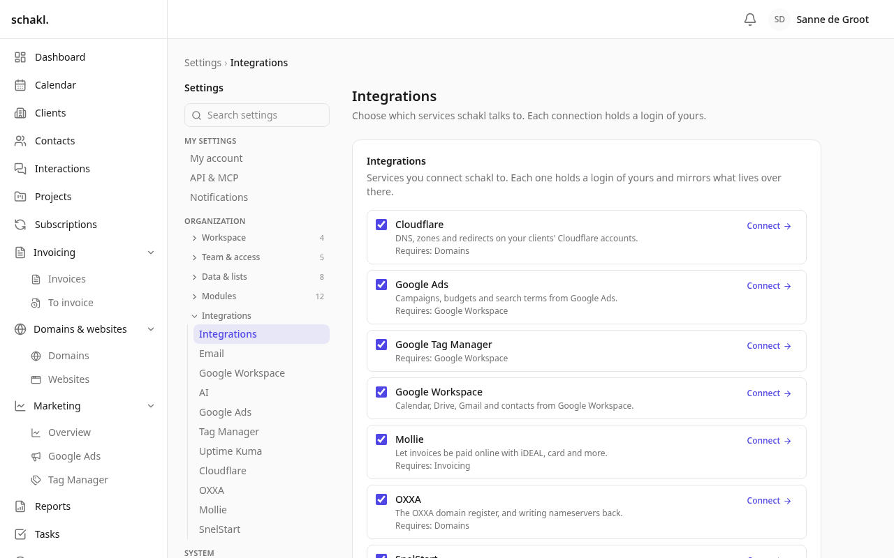 Settings → Integrations: which services this workspace talks to.
