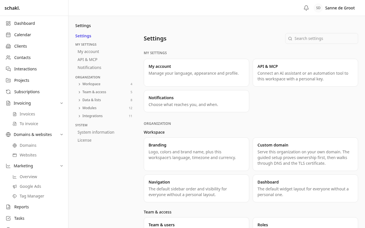 The settings index, grouped by what each group governs.