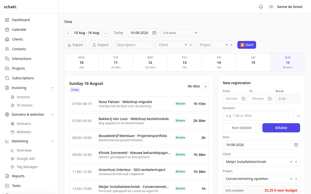 Time tracking: the weekly grid, the timer, and what still needs approving.