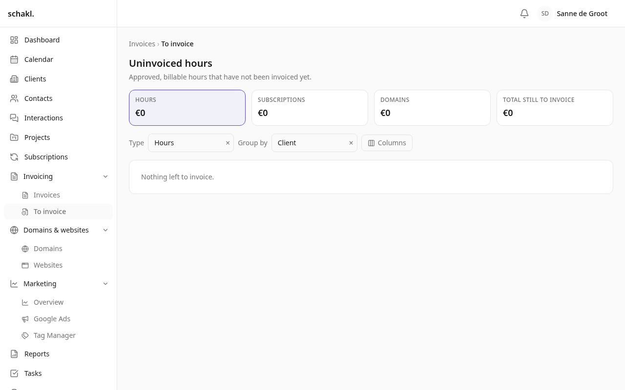 To invoice does the same for the whole agency, grouped by day, week, month, client, project or employee.