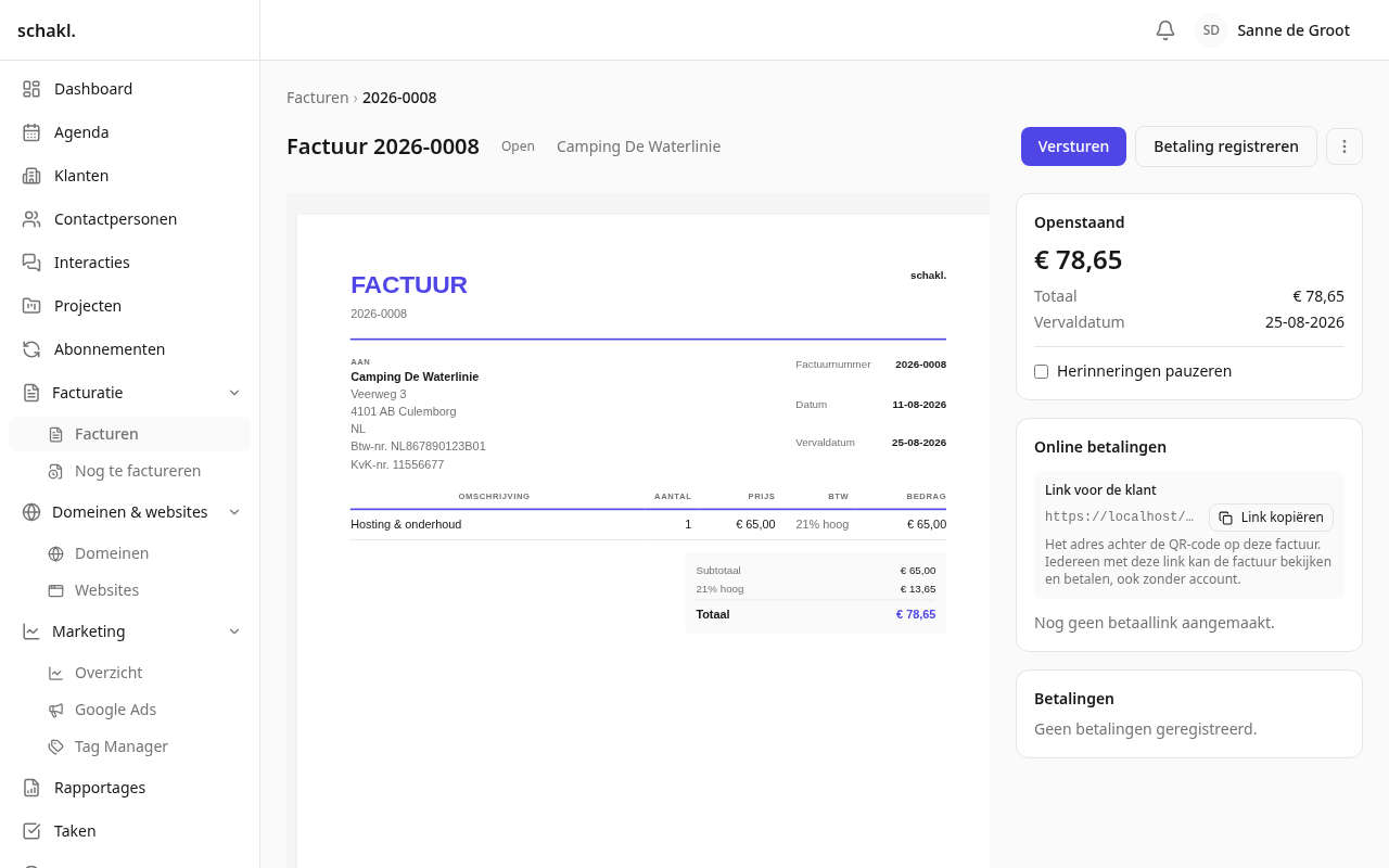 Een definitieve factuur: het bedrag ligt vast, de betalingen staan eronder, en corrigeren gaat met een creditfactuur.