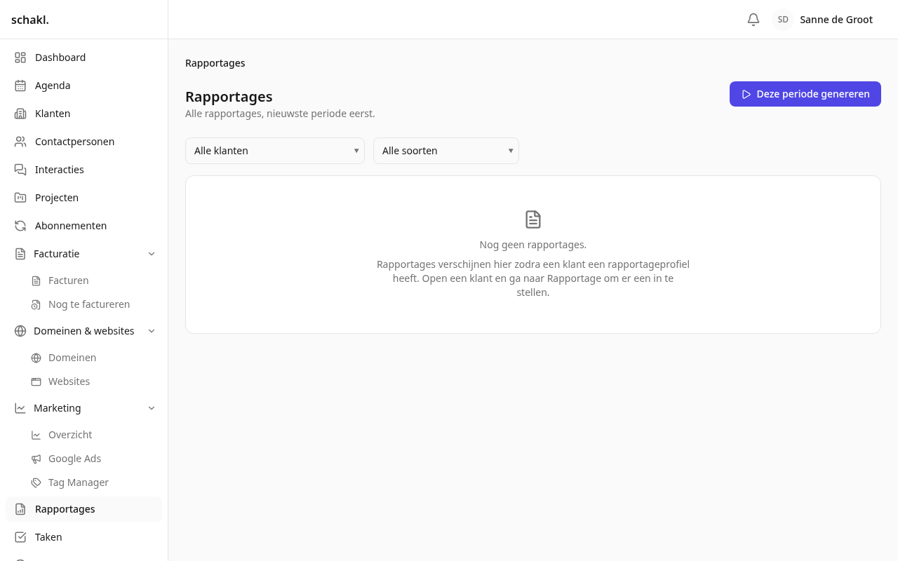 Rapportages met hun status: concept, nagekeken, gepubliceerd, verstuurd.