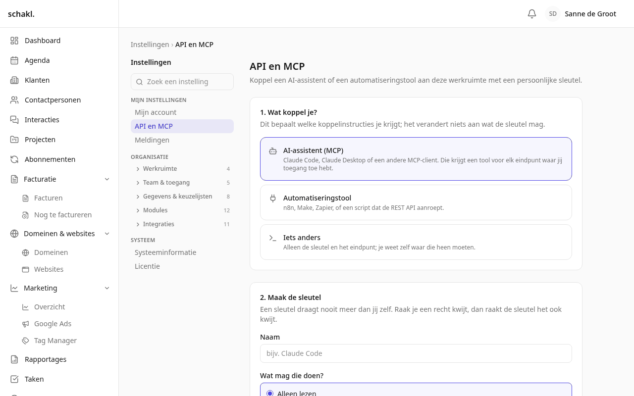 Instellingen → API en MCP: waar je een persoonlijke sleutel maakt en aanvinkt wat hij mag.