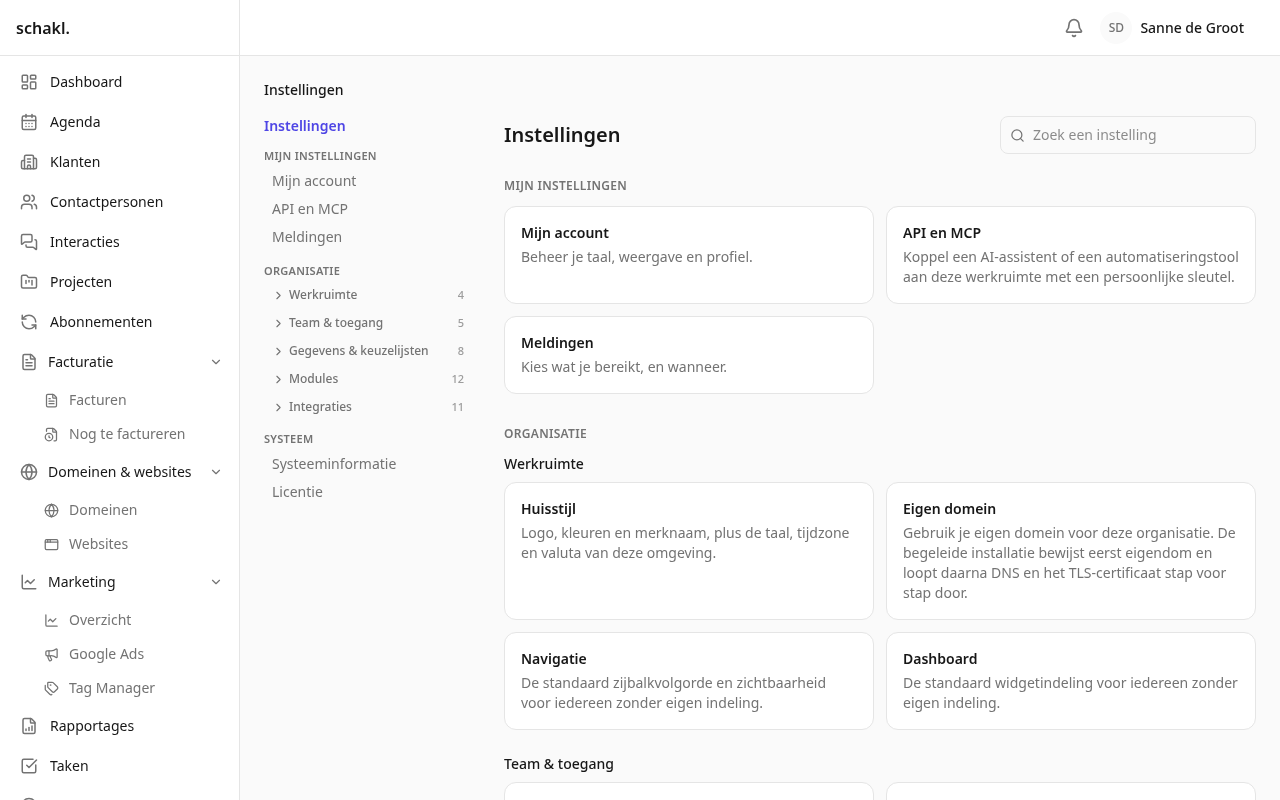 De instellingenindex, gegroepeerd naar wat elke groep bestuurt.