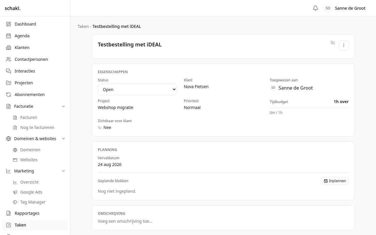 Een taak met een checklist: afvinken is gebruiken, niet bewerken, dus er is geen opslaan-knop.